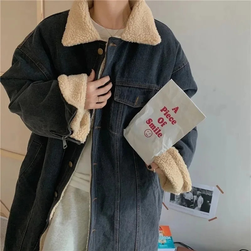 Winter cashmere denim coat womens medium to long Korean version loose and fashionable commuting show thin thick warm cotton 241211