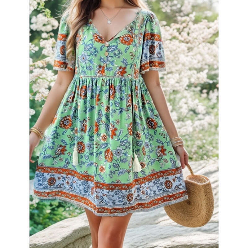 European and American women's Shein spring/summer leisure vacation printed short sleeved dress 2024 temperament versatile new trend clothing ins