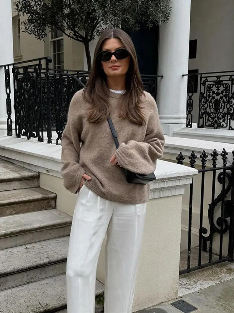 Casual Brown Oneck Knitted Cashmere Floral Womens Fashion Full Sleeve Loose Jumper 2024 Autumn Street Coat 241211