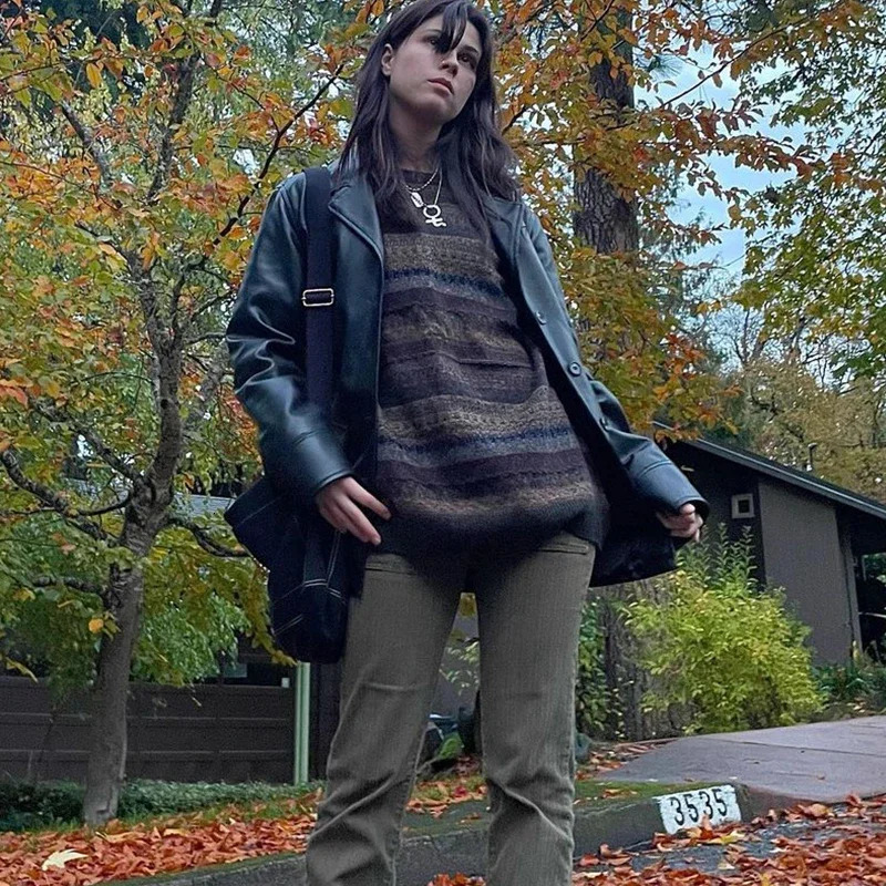 Preppy Grunge Retro Striped Knitted Sweater Autumn ONeck Full Set Jumper Fairycore Y2K Aesthetic Grandfather Puller 241211