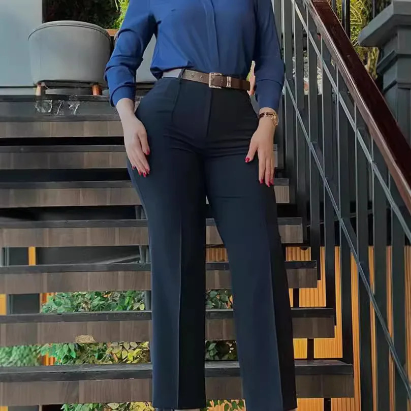 Womens elegant high waisted solid pants short sleeved autumn casual straight three person office womens black suit long 241212