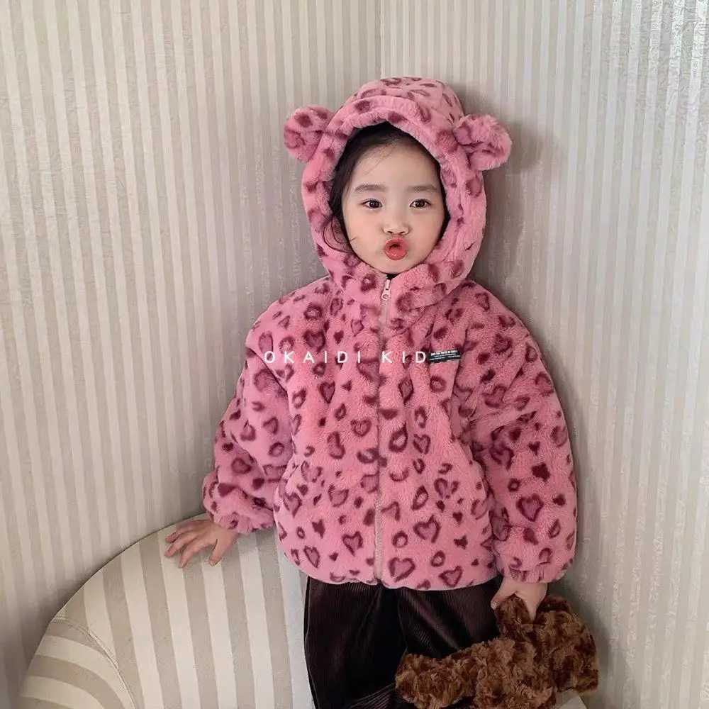 Baby Girls Coat Autumn/Winter Thick Hooded Cotton Jacket with Velvet Childrens Clip Cotton Warm Cotton Coat Leopard PatternXJ241214