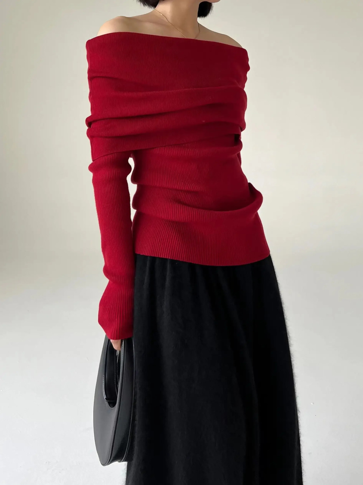Autumn and Winter Shoulder Womens Sweater Elegant Retro Knitted Solid Jumper High Elasticity Top Soft Unique Pulling 241211
