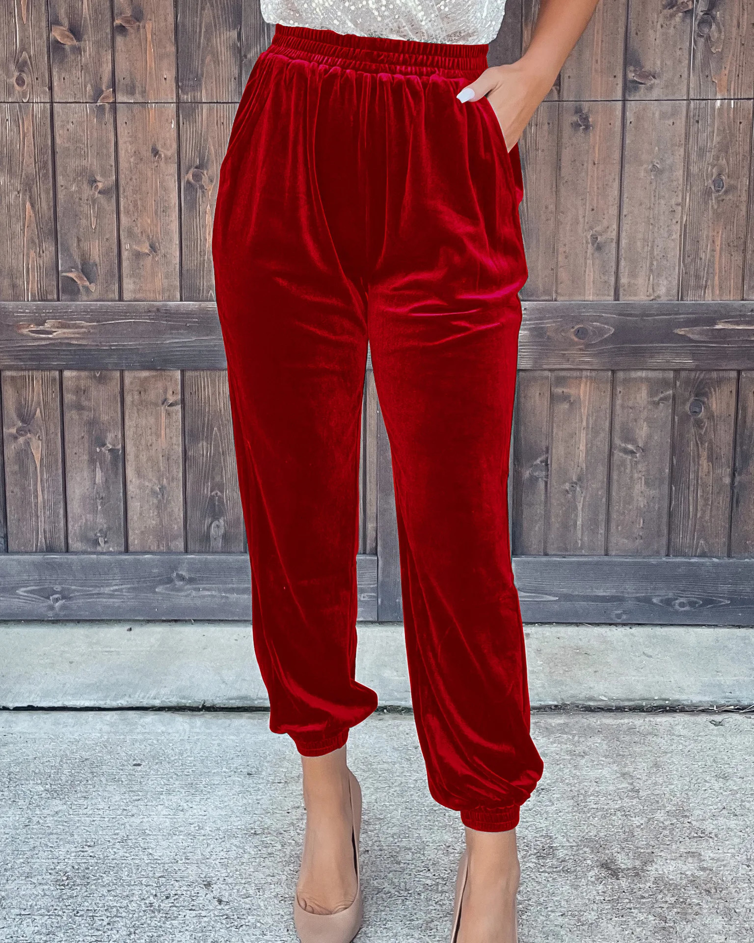 2025 Womens Velvet Velour Joggers Soft Stretch Warm Sweatpants Pants With Pockets 241212