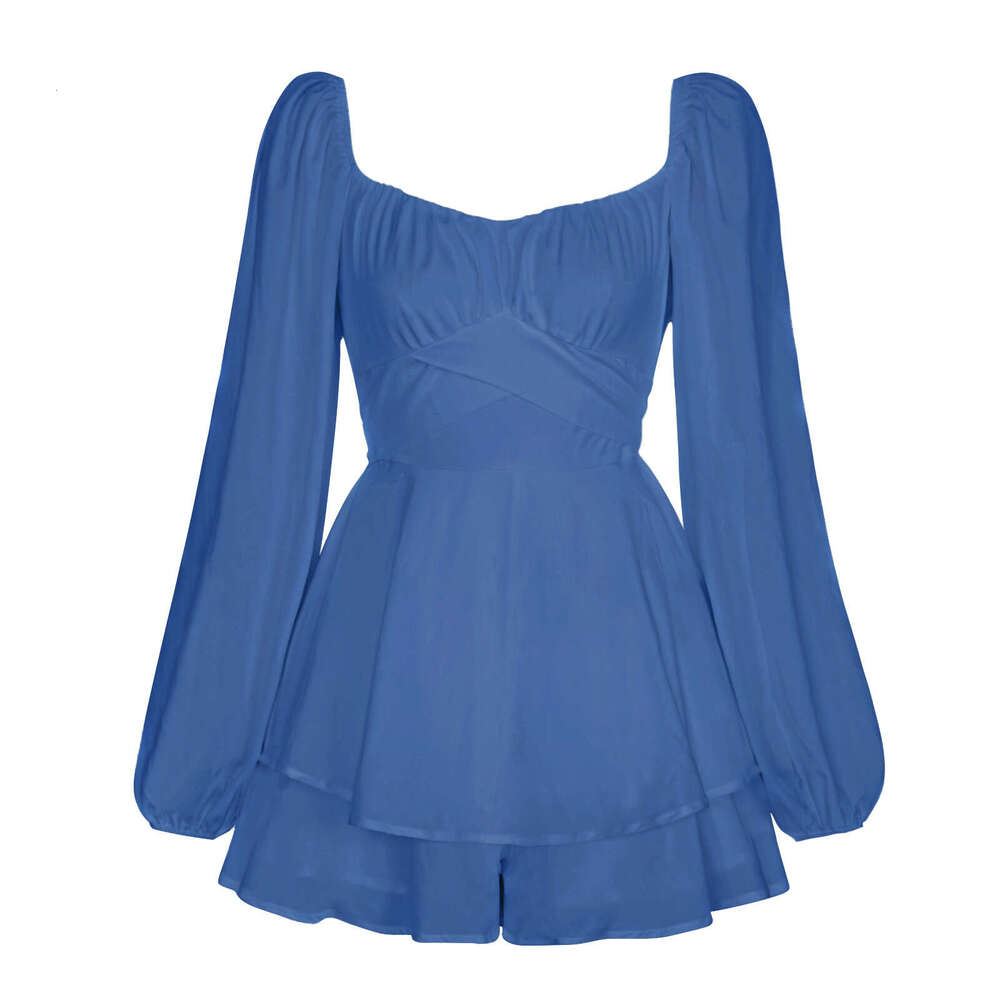 Jumpsuit Solid Color Women's Autumn Outfit Square Collar Lantern Long Sleeved Ruffle Edge Shorts Casual Skirt Pants Fashionable Quality Classic