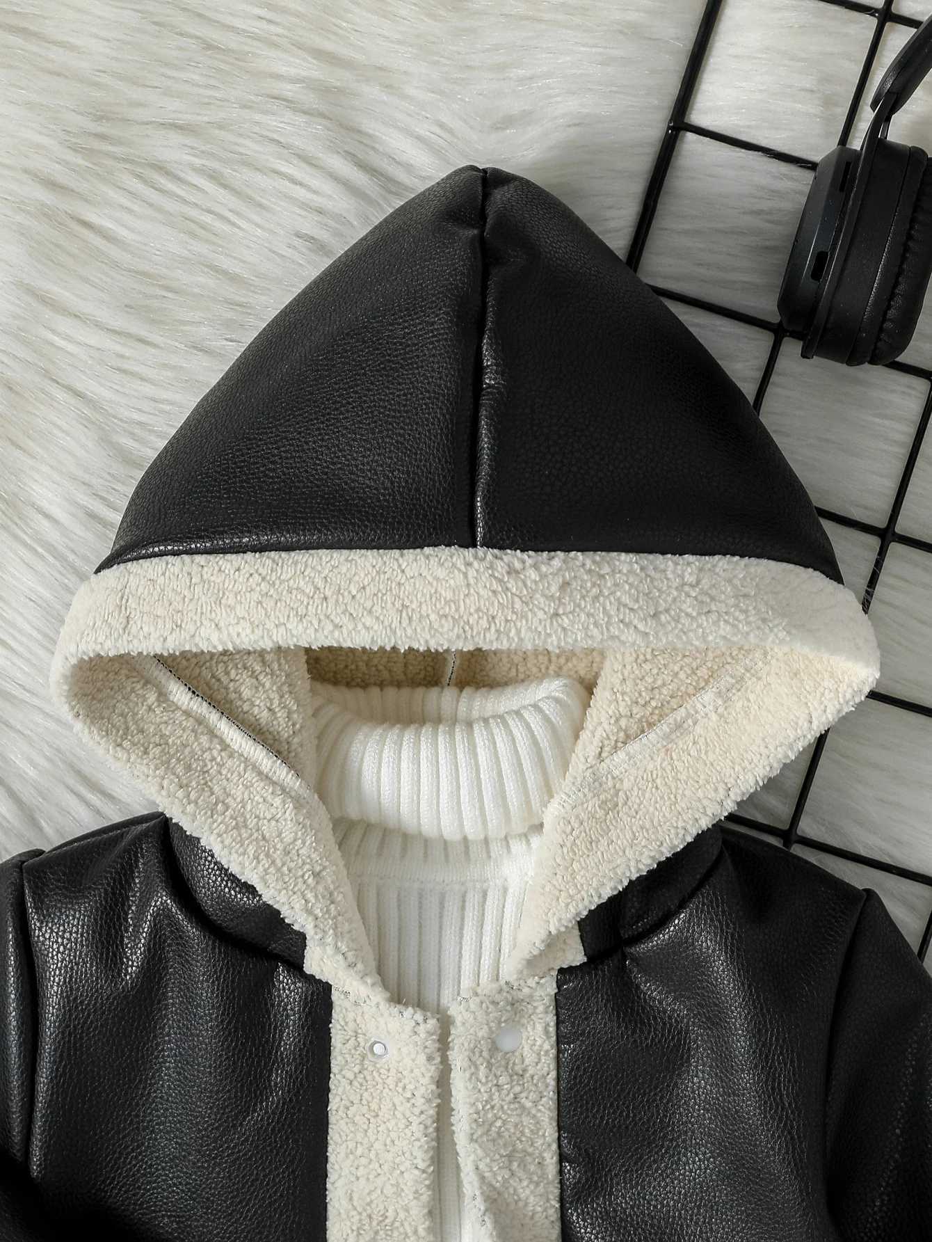 Baby Boys Winter 2024 New Sle Open Stitch Hoodie Leather Jacket Plush With Pocket For 9M-4Y Kids Outdoor WearXJ241214