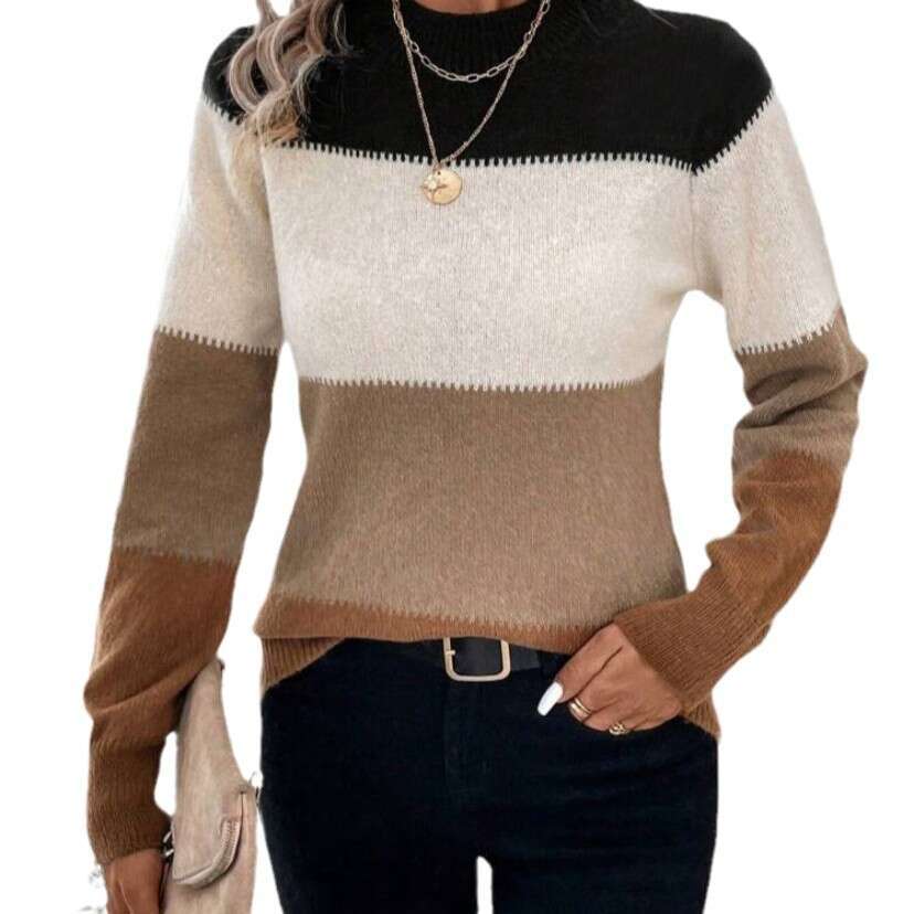Autumn Clothes Women's Contrasting Color Cross-Border Pullover Round Neck Long Sleeved Knitted Sweater Casual Versatile