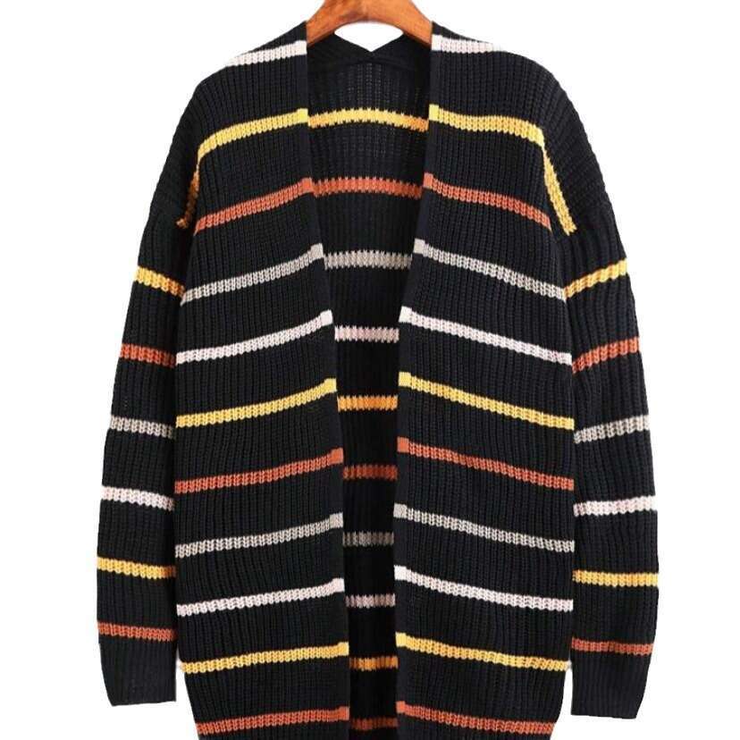 European American Clothing Women's Long Sleeved Horizontal Striped Cardigan Jacket Spring And Autumn Winter New Style
