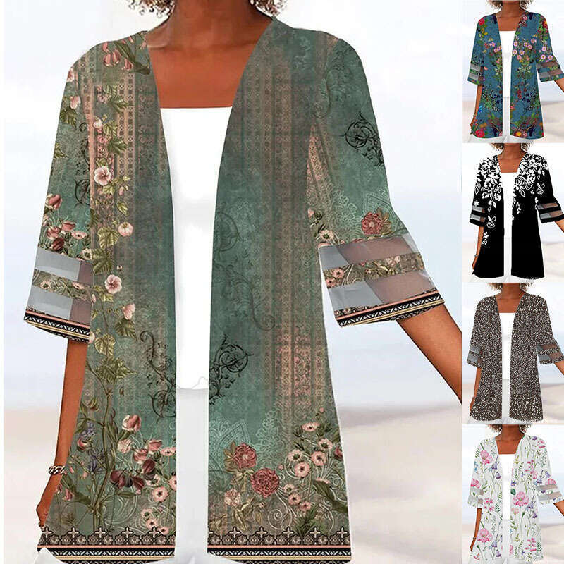 European American Women's Spring and Summer Positioning Printed Mid Sleeve Loose Hemp Small Outer Coat 2024 New Casual Fashion Trendy Clothing