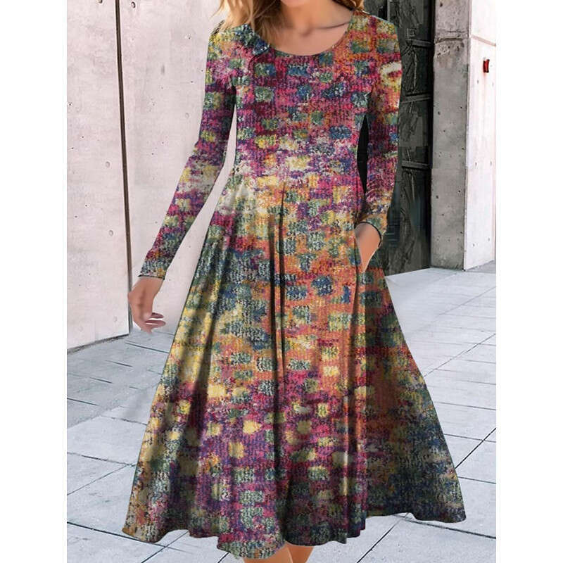 Summer European and American Round Neck Long Sleeve Loose Geometric Pattern Printed Large Pendant Dress 2024 Versatile New Trendy Clothing Ins
