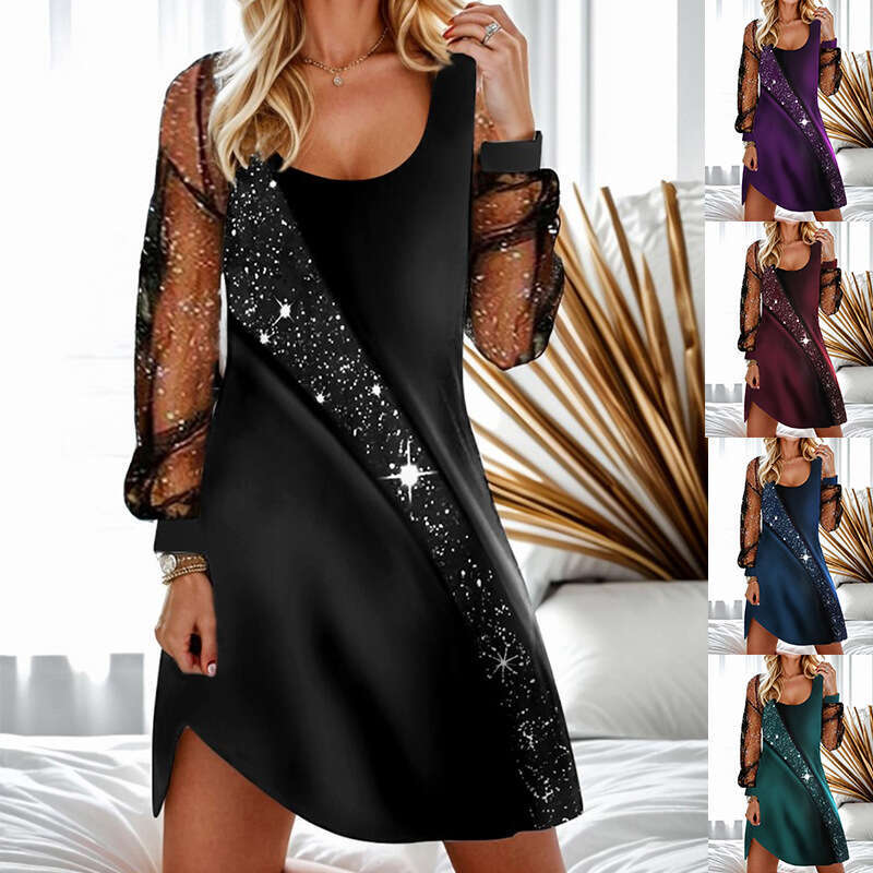 Spring Autumn tewu sequin see through mesh women's dress 2024 new style chic and elegant clothing