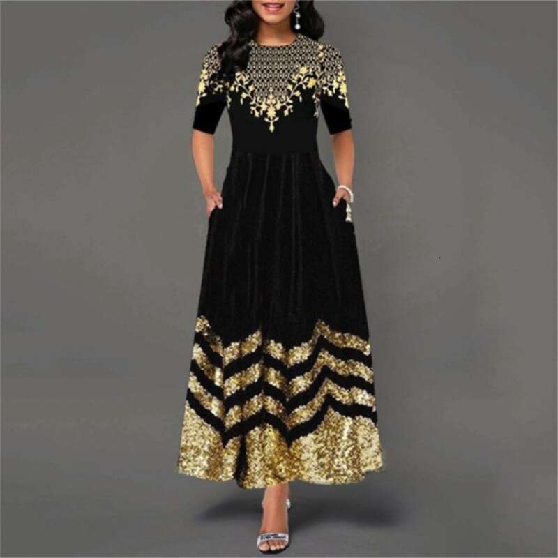 European and American mid sleeve printed African long skirt round neck elegant retro women 2024 new casual versatile fashion clothing