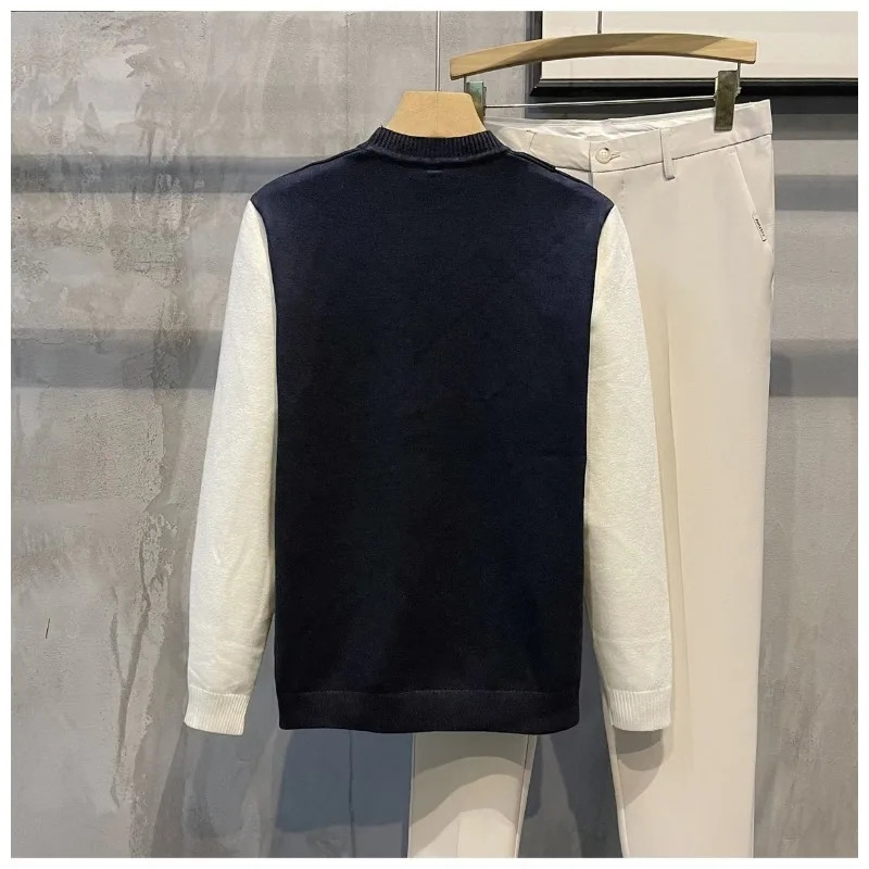 Autumn Winter Mens Clothing Long Sleeve Button Round Neck Contrast Color Pullover Sweater Knitted Casual Boyfriend Retro Tops 241216