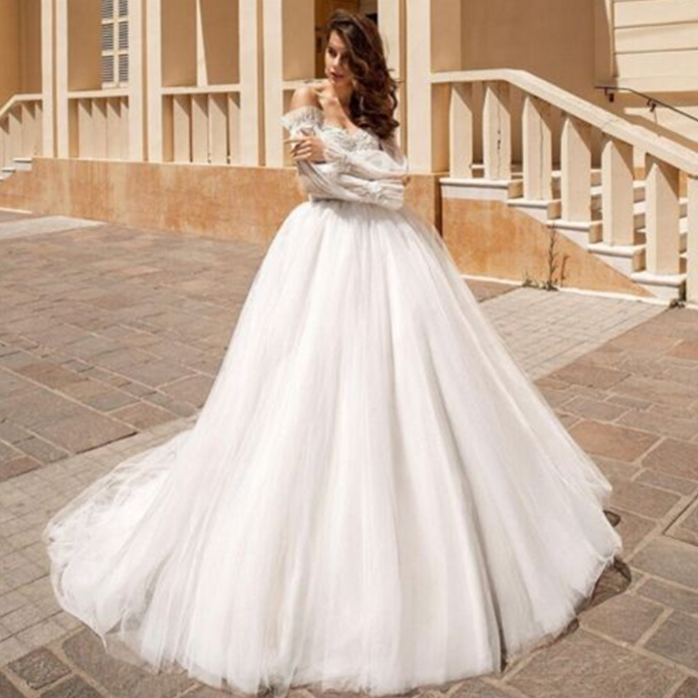Newest A Line Wedding Dresses Lace Applique Detachable Puffy Long Sleeve Backless Sweep Train Beach Bridal Gowns Plus Size Illusion Boho robe de marie
