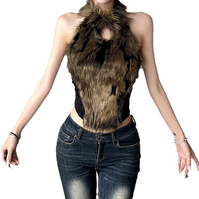 Street Spicy Girl Wind Hair Splicing Hanging Neck Hollow Vest For Women's Winter Slim Fit Sexy Backless Base Shirt, Fashionable Quality Classic B