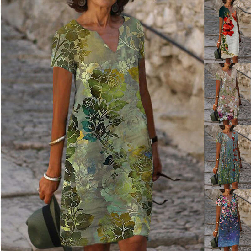 European and American Women's Spring/Summer Style Positioning Printed V-neck Short sleeved Dress 2024 New Casual Versatile Fashion Clothing