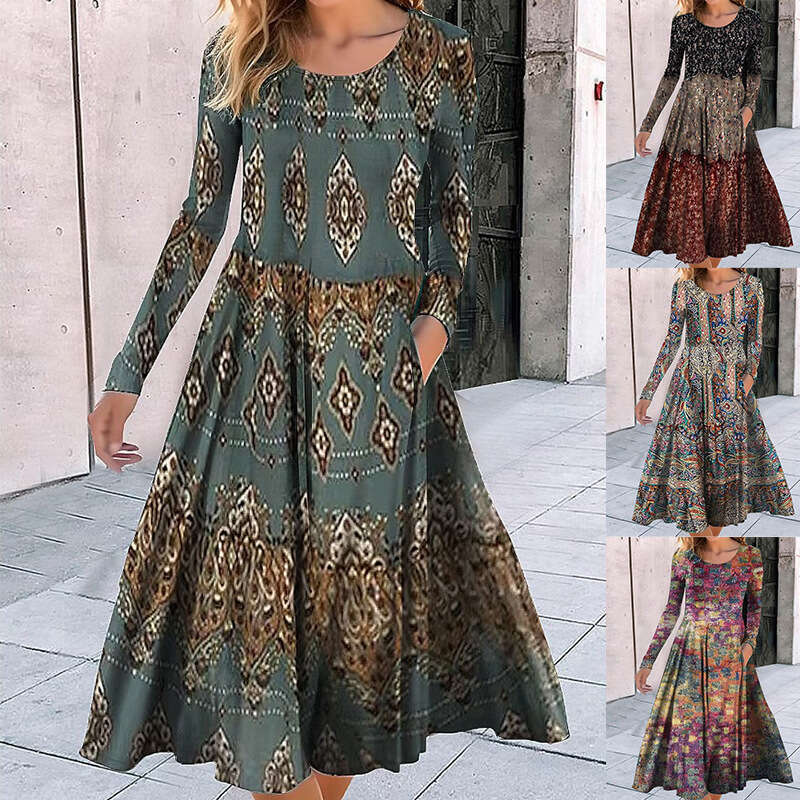 Summer European and American Round Neck Long Sleeve Loose Geometric Pattern Printed Large Pendant Dress 2024 Versatile New Trendy Clothing Ins