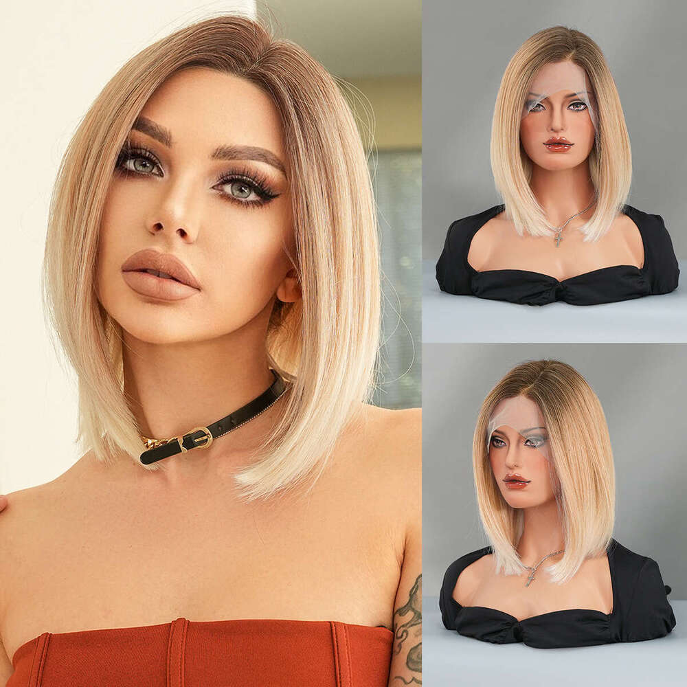 Gradient Gold Front French Bob Women's Hair Seam Lace Short Straight Fiber Wig Kq9 Kq9