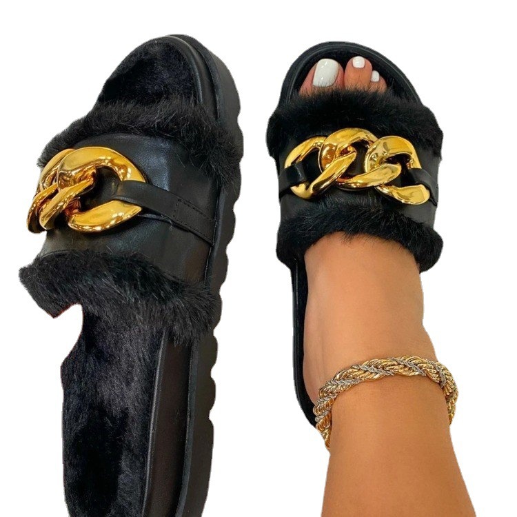Women Slides Winter Fur Fluffy Furry Warm Metal Sandals Comfortable Warm Indoor Flip Flops Fashion