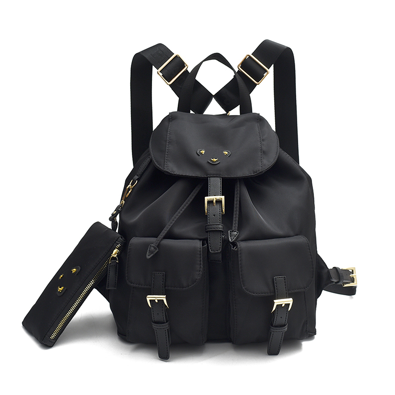 Designer Re-Nylon Backpack for Women, Fashion Cover Daypack Rucksack with Clutch Bag Black Color YaLi05