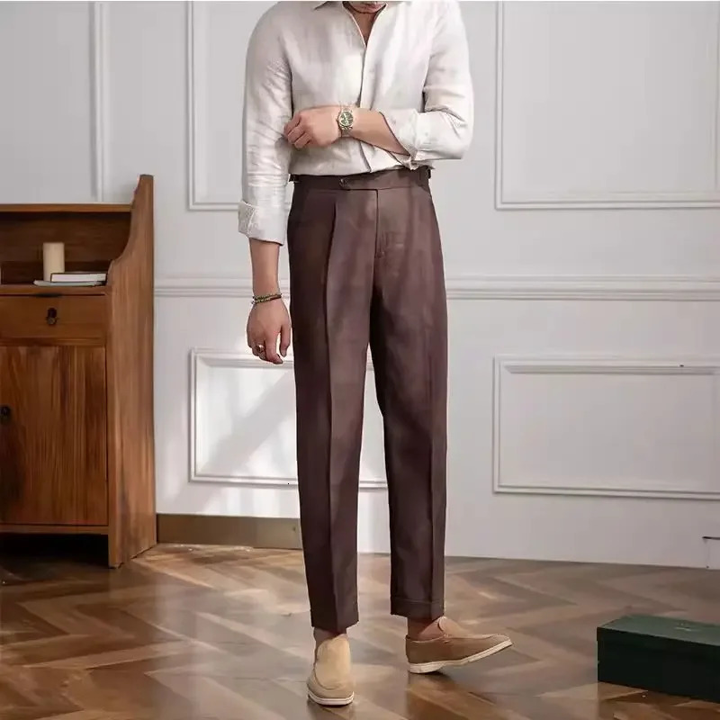 100% linen Italian Naples mens pants high waisted straight suit mens style mens style spring and summer fashion lightweight and breathable casual pant