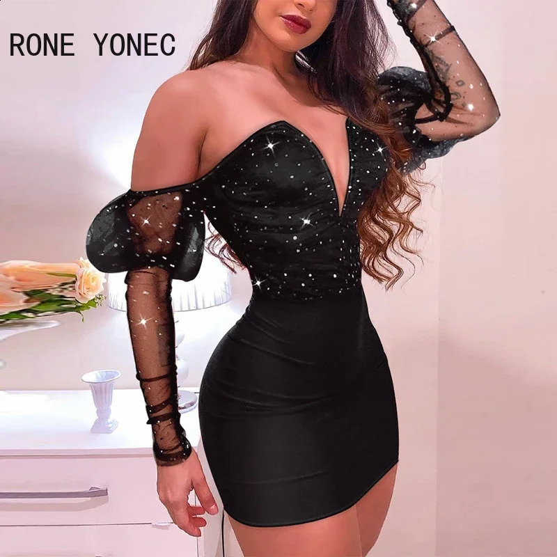 Women Sexy Deep V Neck Off Shoulder Lantern Sleeves Rhinestone Mini Bodycon Party Black Dresses 241216