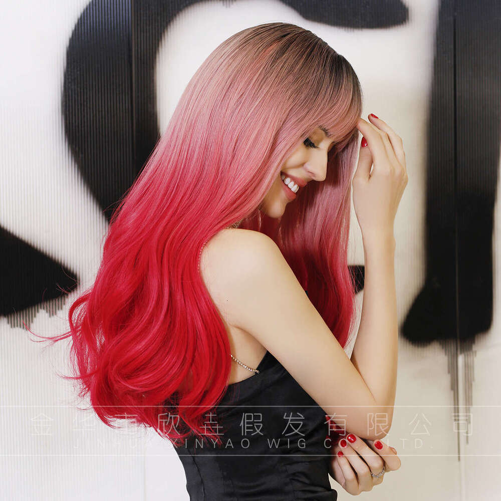 Wig, Pink Curly Hair Wig, Natural Full Head Cover, Human Fishmeal Bangs, Long Hair, Fashionable Wig Cover Kq9 Kq9