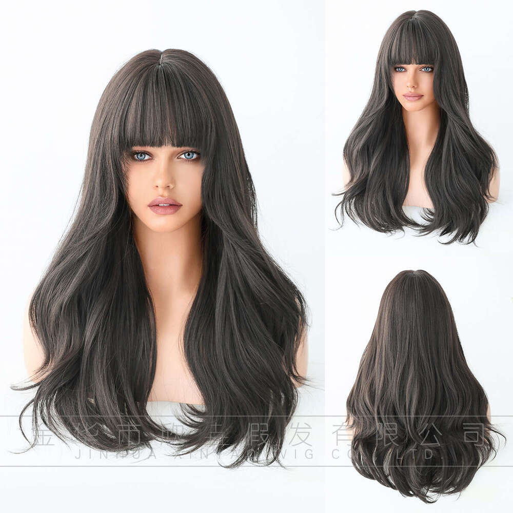 Ladies' Brown Wavy Wigs With Long Curly Hair, Air Bangs, Big Waves, Synthetic Wigs Kq9 Kq9