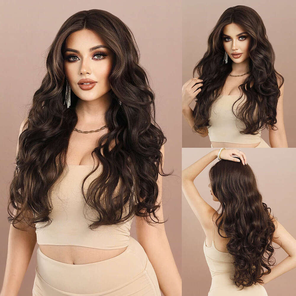 Small T Lace Wig For Women, Black Tea Color, Big Waves, Long Curly Hair, Synthetic Hair T-Part Lace Wig Kq9 Kq9
