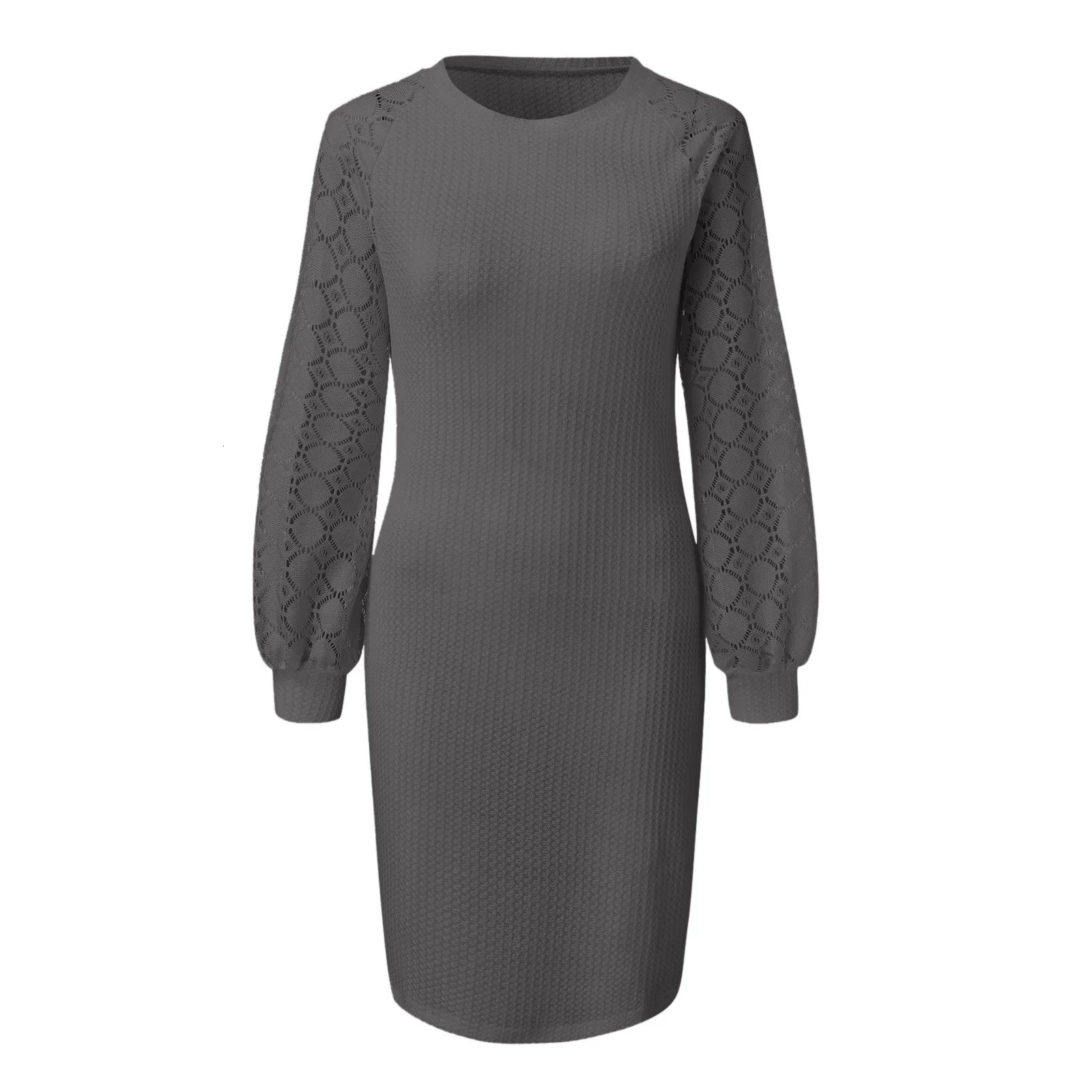 Vneck long skirt womens sleeved casual dress lace patchwork solid loose knit slider 241212