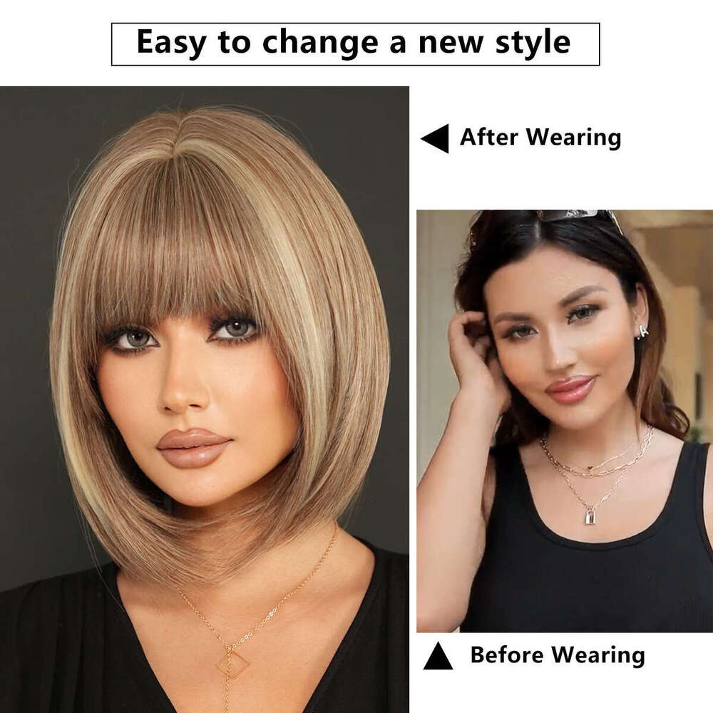 Wig For Women Bangs, Tea Brown, Dyed Rice, Fashionable Short Straight Hair, Headband With Inner Button, Bob Wig Kq9 Kq9