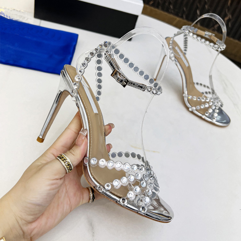Rhinestone Stiletto Heel Sandals Clear PVC High Heels Crystal Ball Open Toes Women's Luxury Designer Fashion Style Heeled Shoes 105mm With Box