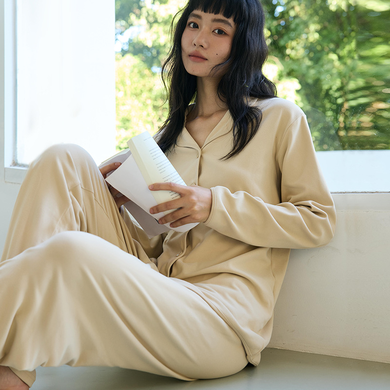 B535-House clothes women autumn and winter solid color suit loose button lapel long sleeve top casual trousers soft waxy outer wear pajamas