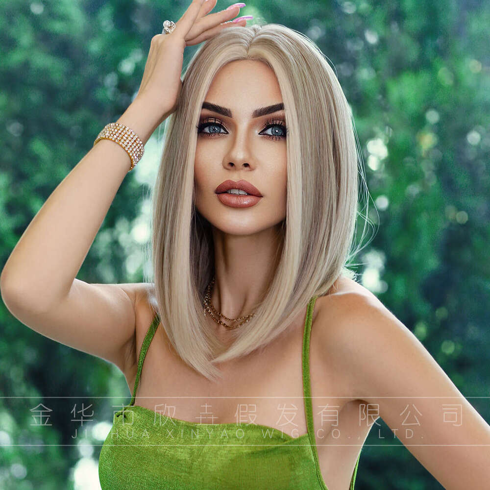 Hand Woven Small Lace Wig, Women's Gold Shoulder Length Straight Hair With Fetal Hair, Bangs Dyed Synthetic Bob Wig Kq9 Kq9