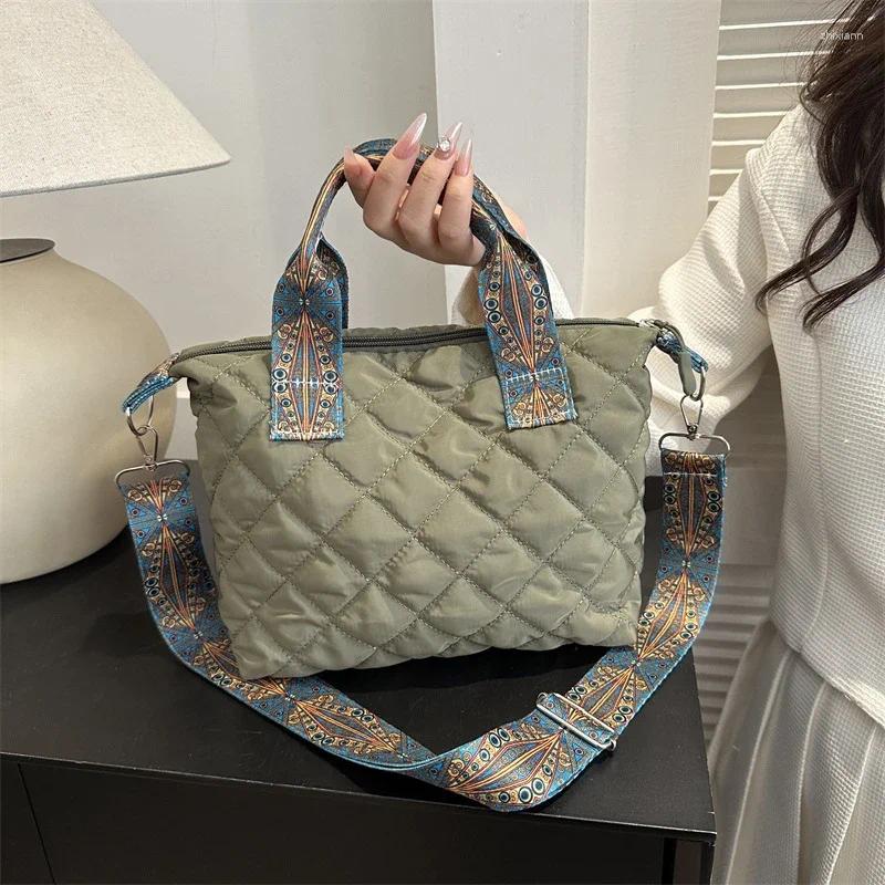 Drawstring Women Wide Shoulder Belt Handbag Fall/Winter Rhombus Space Cotton Bag Large Capacity All-Match Shopping Tote zhanyishengli