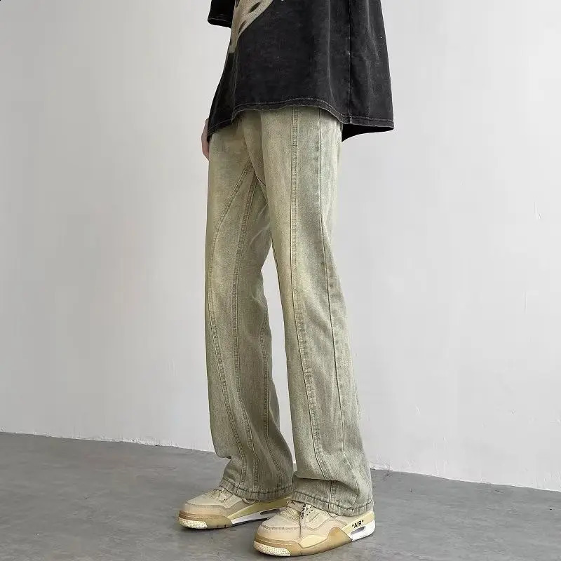 High Street Vibe Washed Vintage Jeans for Men Ins Trendy Versatile Straight Leg Wide Leg Yellow Mud Dyed Pants 241217