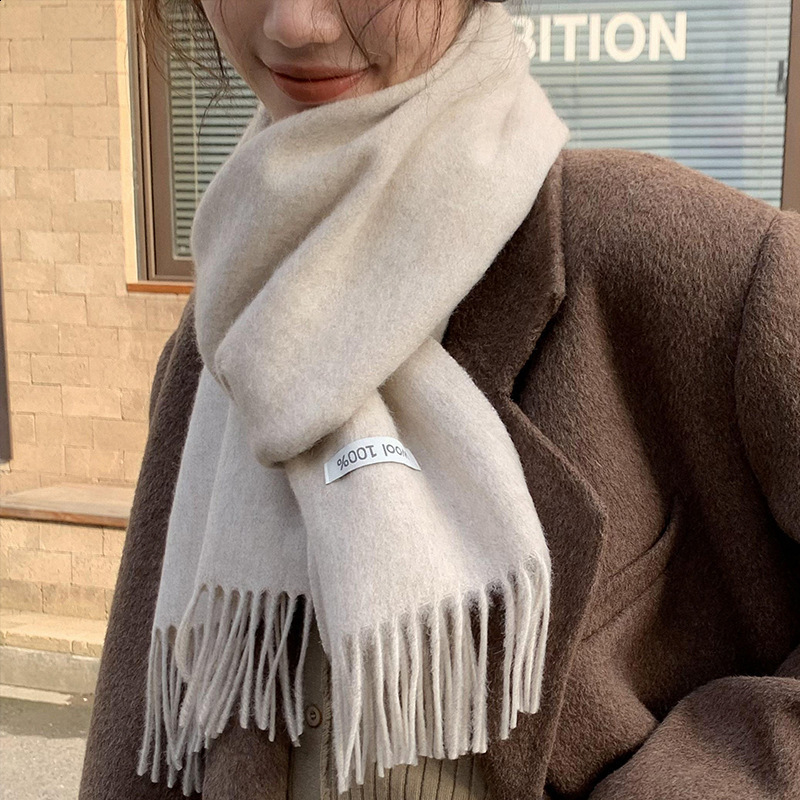 Solid color 100% wool scarf with tassel womens winter warm neck scarf shawl womens cashmere scarf 241007