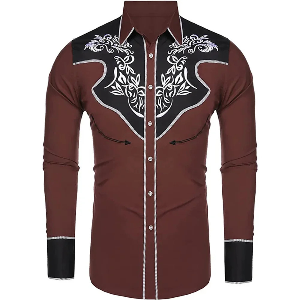 Mens Western style Printed Long Sleeve Collar Single Chest Casual Shirt Mens Club Street Clothing 241216