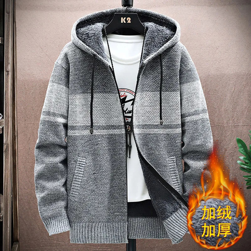 Autumn Korean Hooded Mens Sweater with Thick and Velvet Men Cardigan Knitted Coat Stripe Jacket Male M4XL MY03 241217