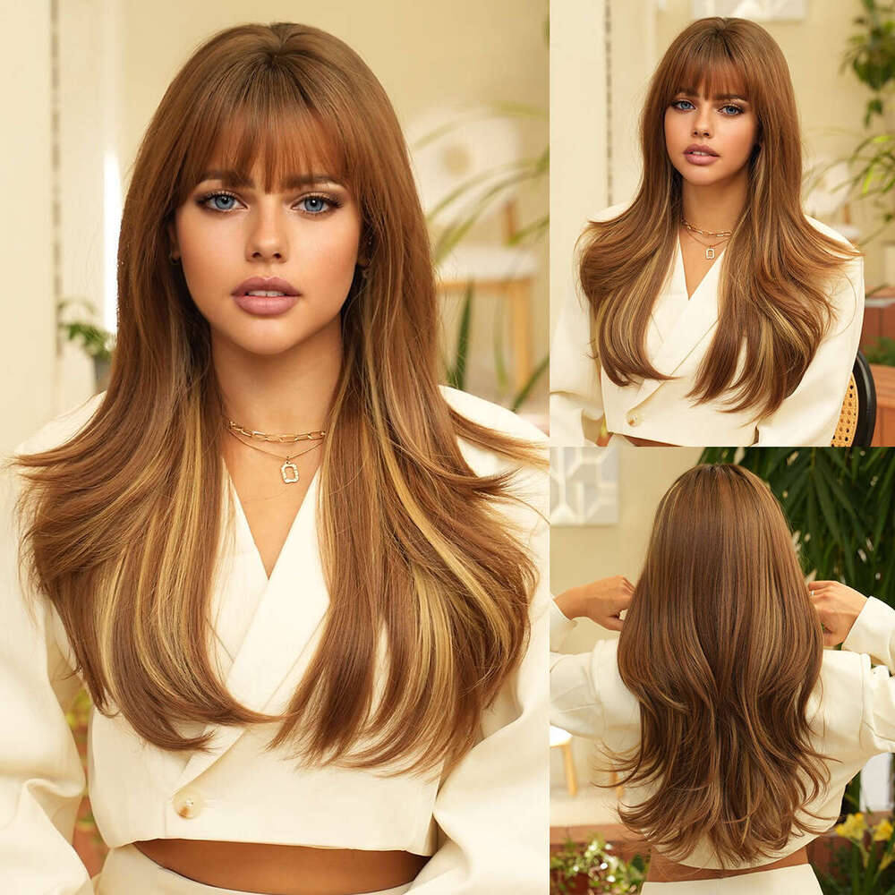 Wig Women's Full Head Set, Green Brown, Dyed Gold, Bangs, Long Curly Hair Nism, Synthetic Wig Kq9 Kq9