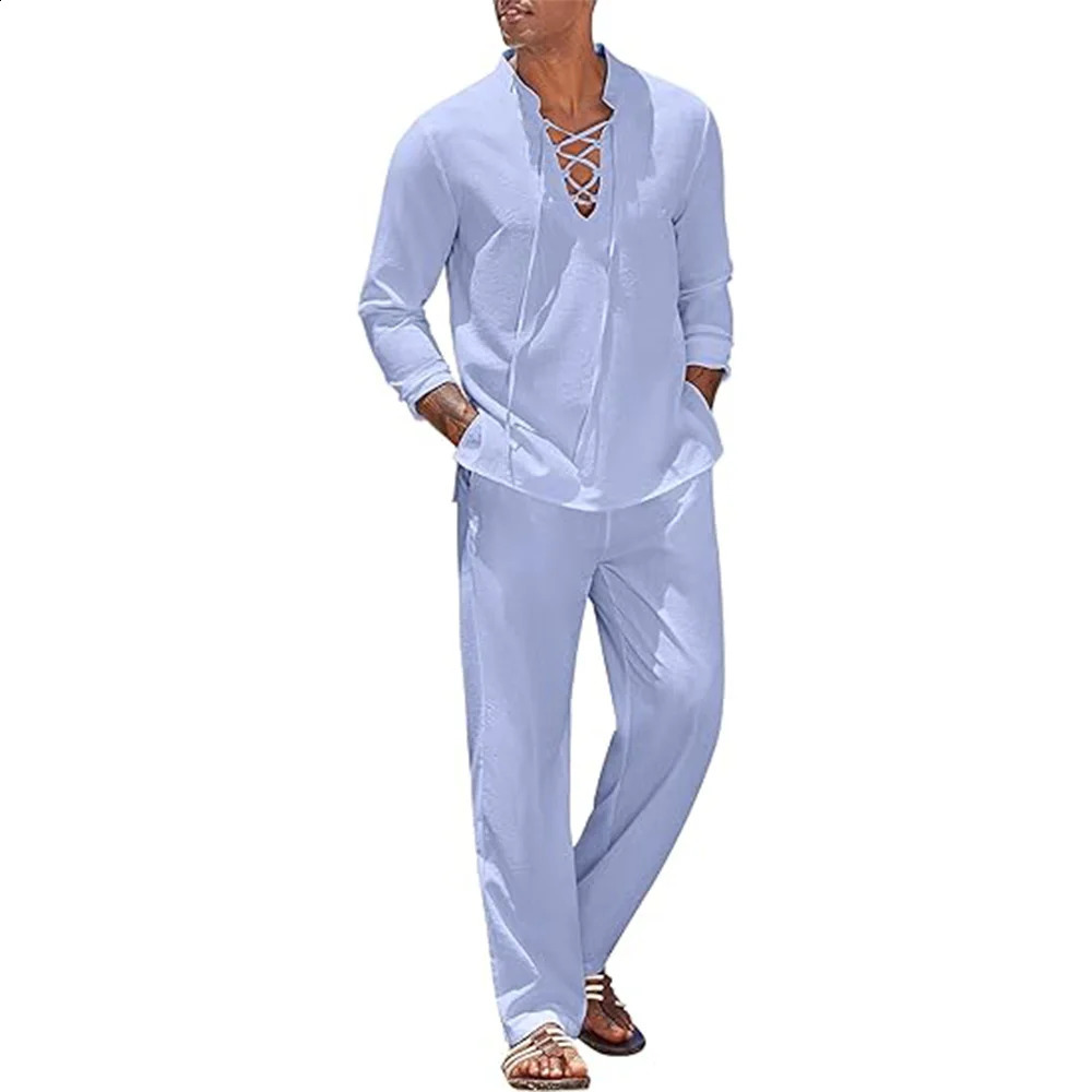 2pcs Set Mens Cotton Linen Shirt and Pants Suits for Men Beach Wear Tracksuit Solid Color Shirts Sweatpants Hawaiian Vacation 241217