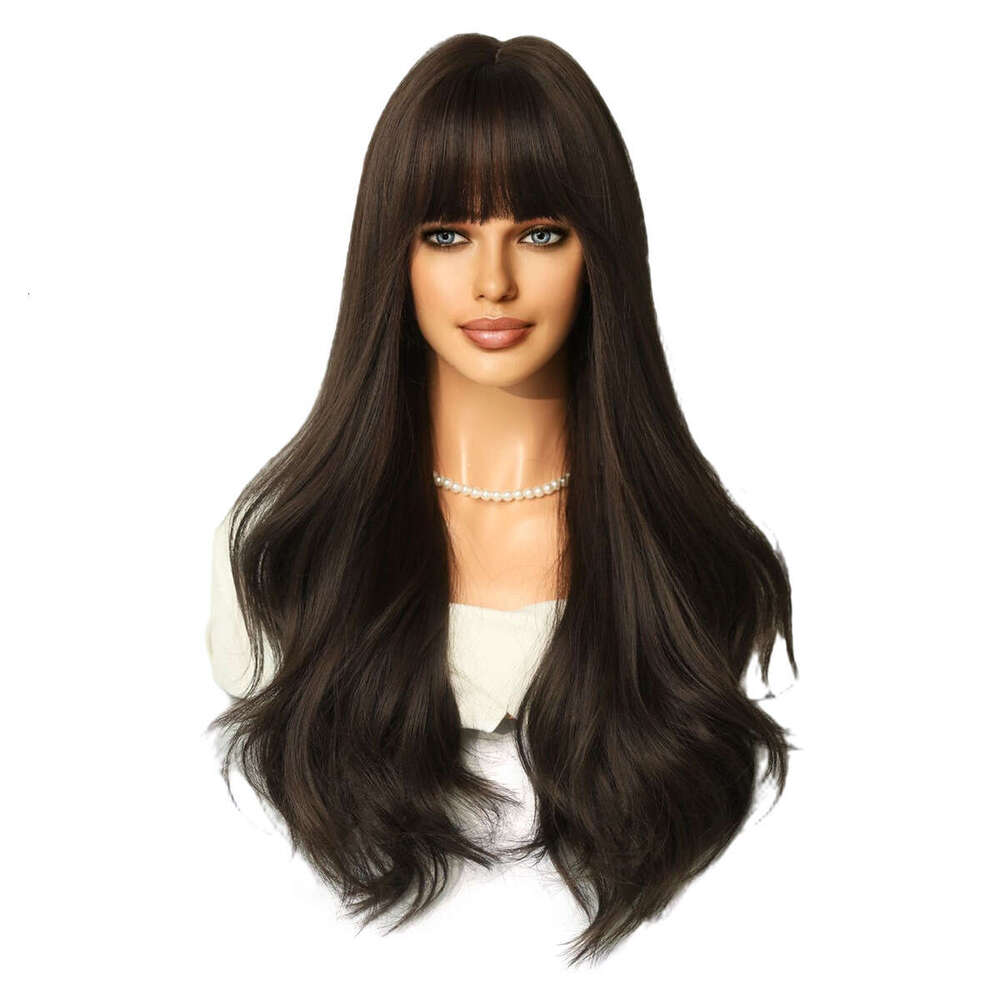Female Long Hair Full Head Set With Brown Black Bangs, Large Waves, Natural Breathability, Fluffy Synthetic Wig Kq9 Kq9