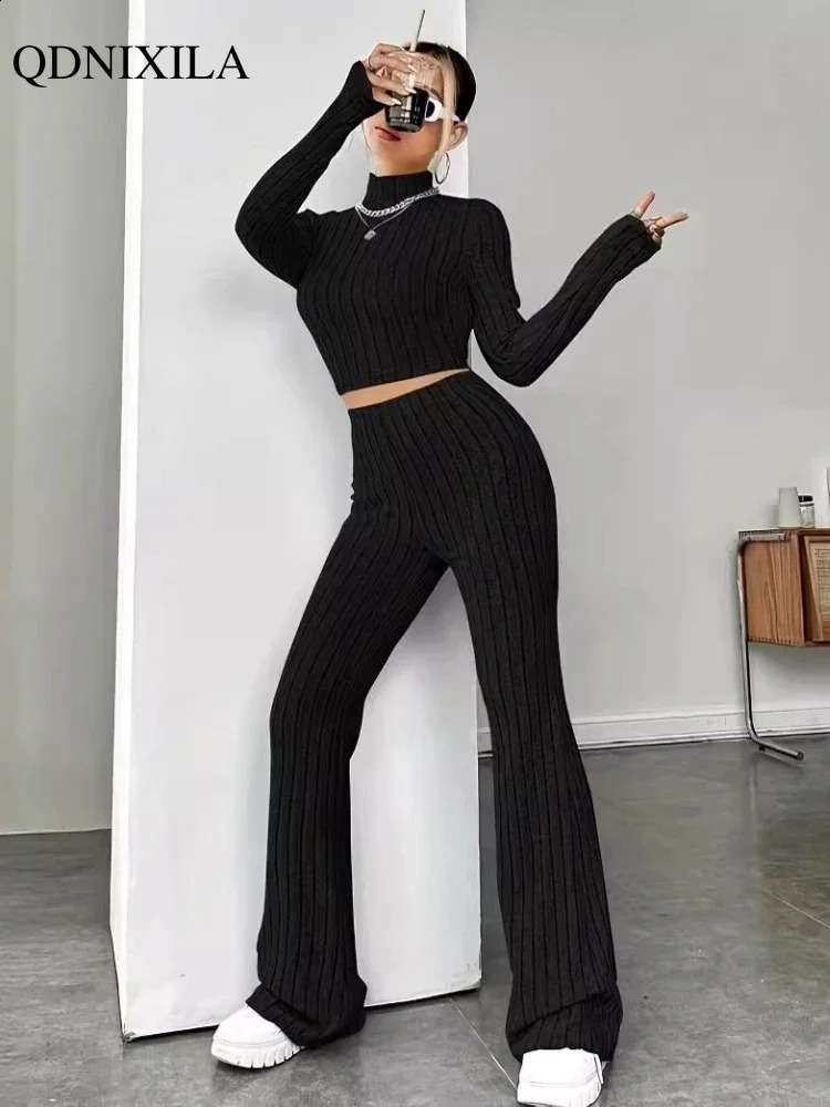 Elegant Womens Set Autumn High Waist Casual Knitted Pants Set Korean Fashion Turtle Neck Pulling Flower 2-piece Set Womens Set 241217