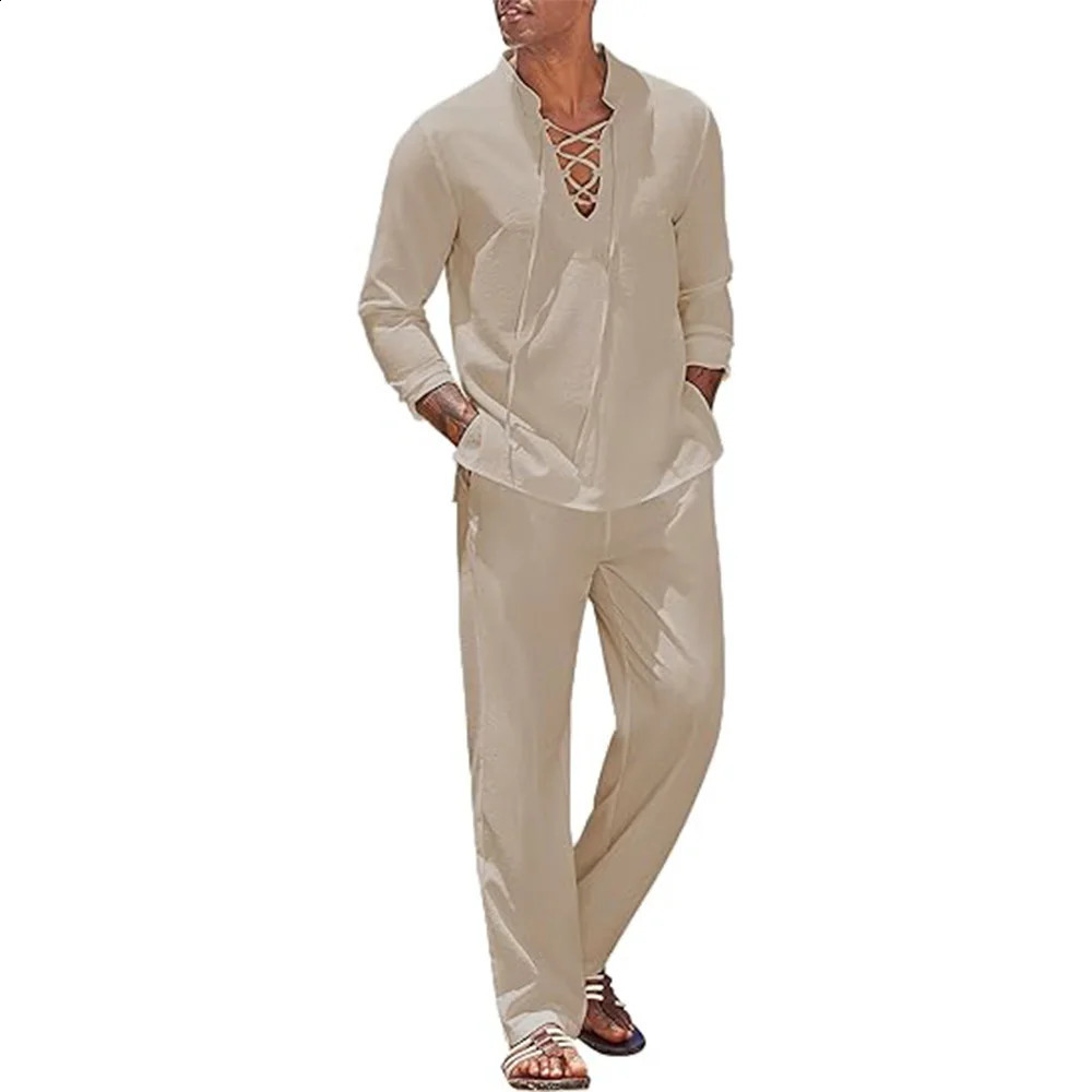 2pcs Set Mens Cotton Linen Shirt and Pants Suits for Men Beach Wear Tracksuit Solid Color Shirts Sweatpants Hawaiian Vacation 241217