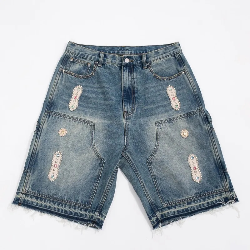 Y2k American high waisted jeans trend fashionable border denim shorts mens Harajuku hiphop street style pocket wide leg pants 241211
