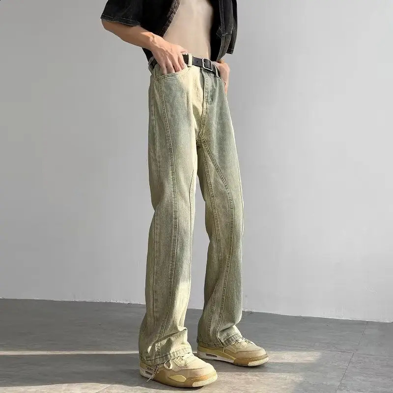 High Street Vibe Washed Vintage Jeans for Men Ins Trendy Versatile Straight Leg Wide Leg Yellow Mud Dyed Pants 241217