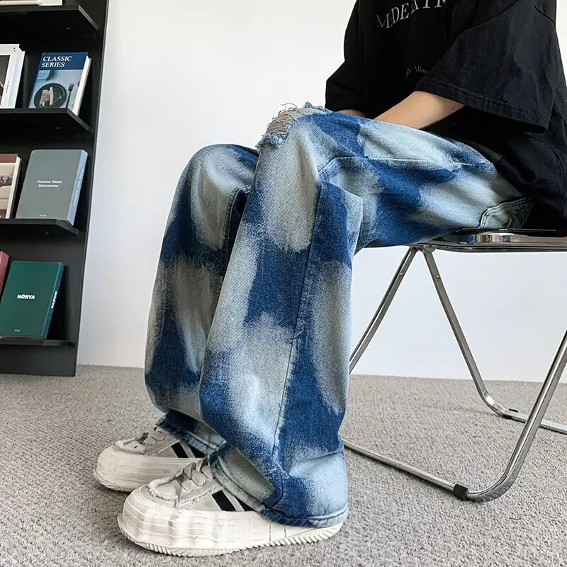 2000S Clothes Y2K Streetwear Tie Dye Vintage Blue Baggy Ripped Jeans Pants For Men Straight Hip Hop Denim Trousers Ropa Hombre 241217