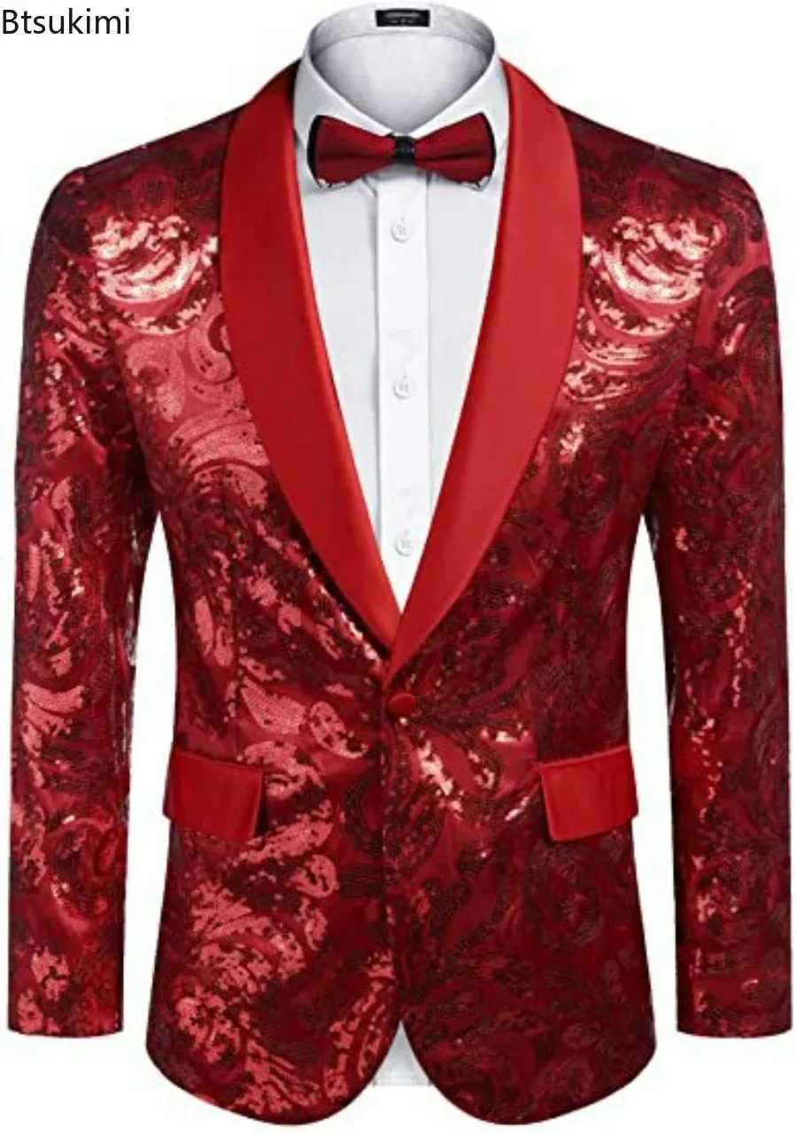 Mens Shiny Gold sequin Sports Jacket Style Shawl Collar One Button Evening Dress Flower Set Party Wedding Groom Dress Mens Style 241216