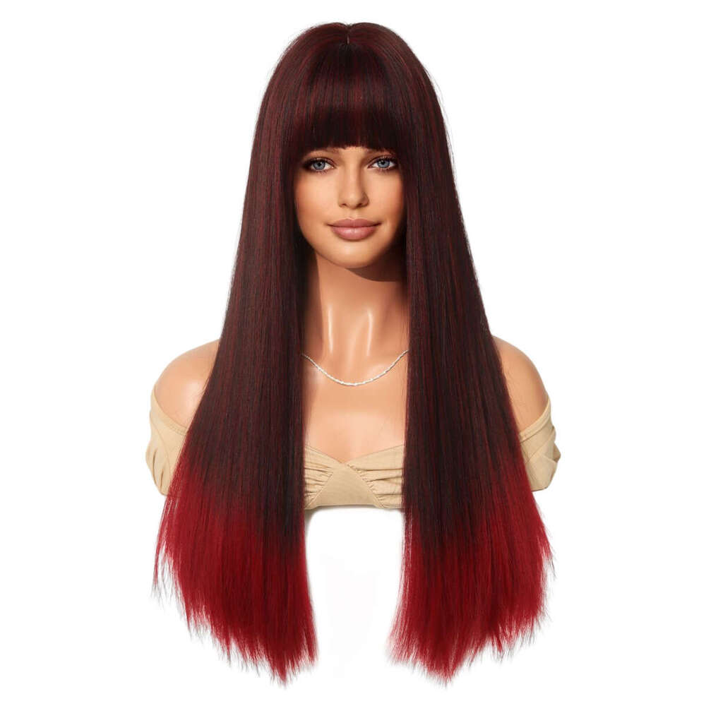 Attention To Ordering - Wig Straight Style Black Gradient Red Long Curly Hair Wig Headband Full Top 24 Inches Kq9 Kq9