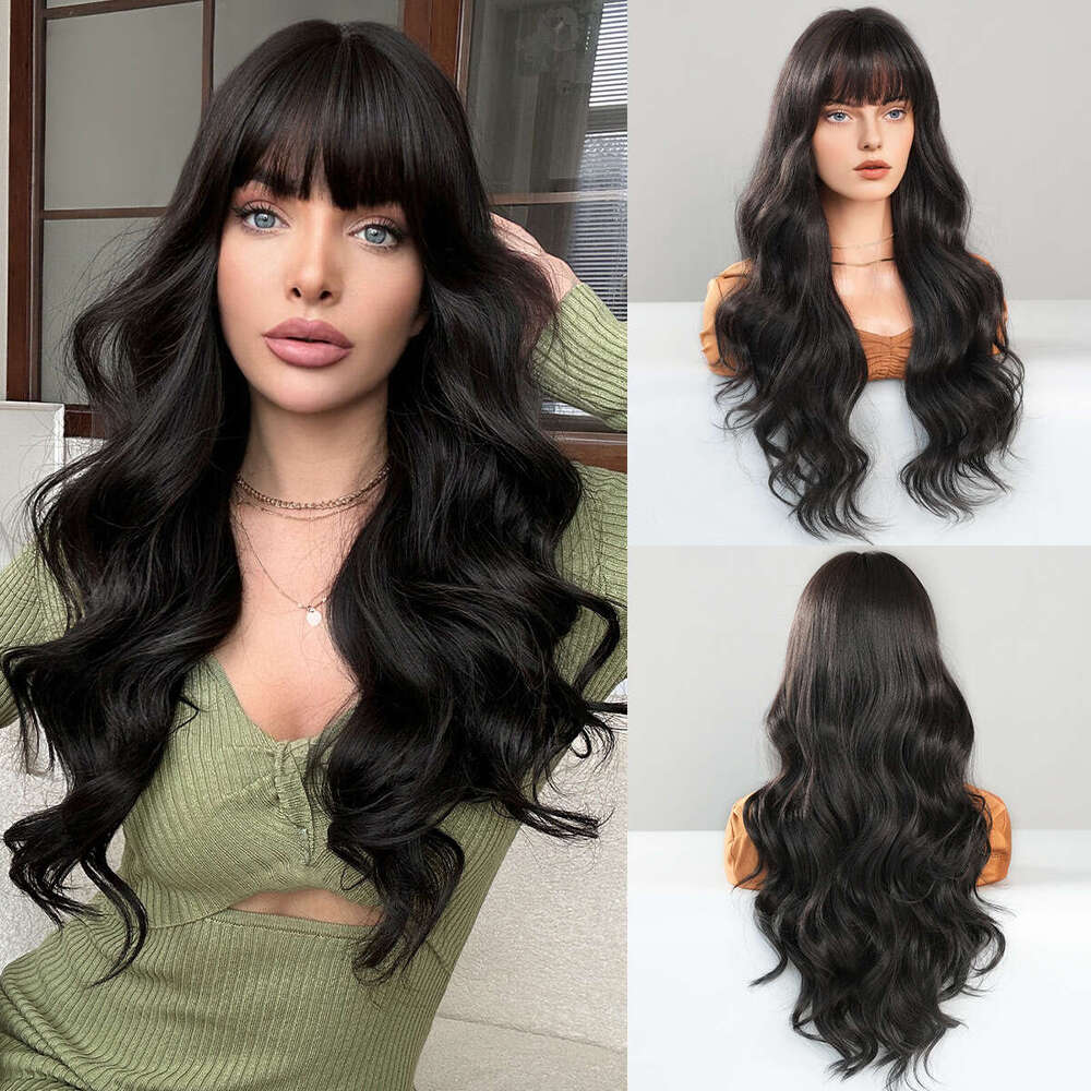 Female Natural Black Long Curly Hair With Big Waves And Bangs, Full Head Set, Synthetic Wig Kq9 Kq9